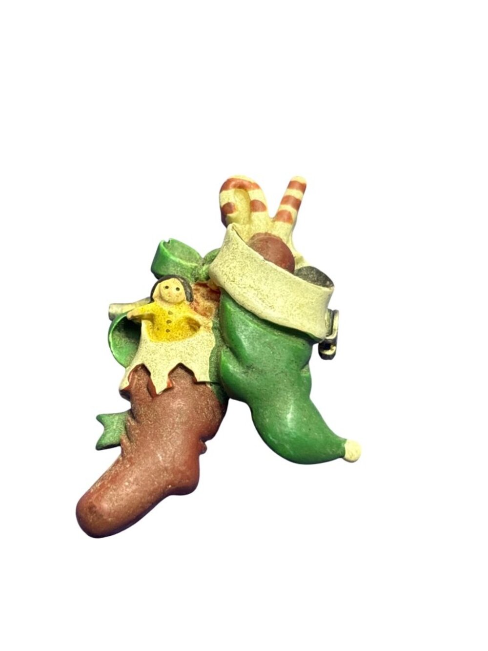 Vintage Plastic Elf Shoes Stockings Brooch Pin 1.75 inches Needs Cleaned
